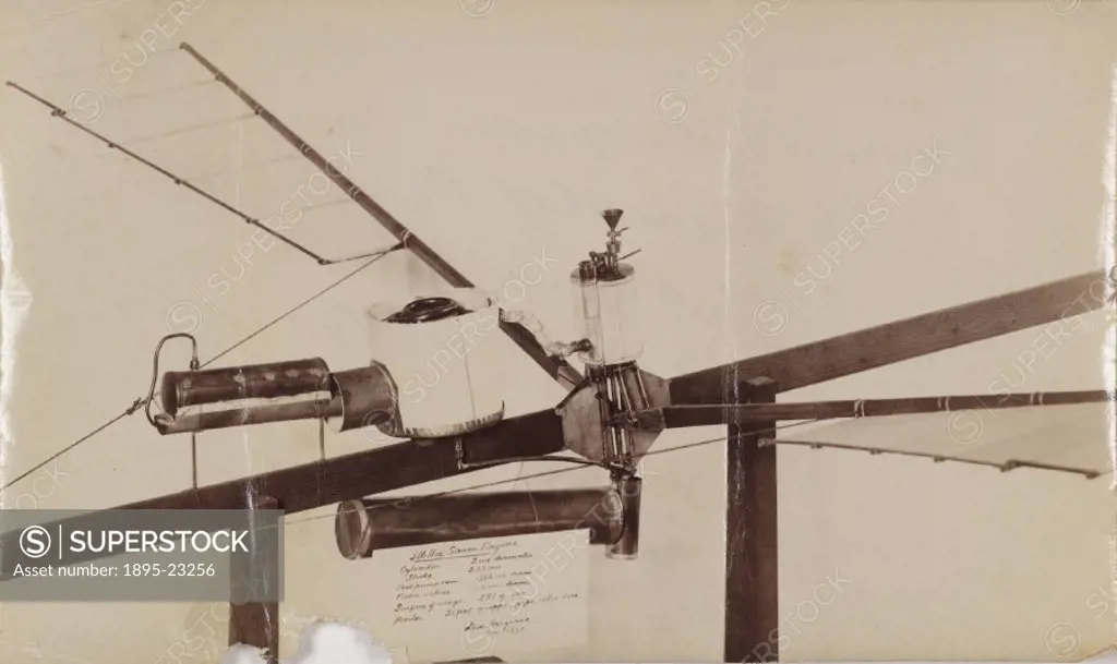 Photograph of a steam engine weighing 5 lbs 11 oz, to power a model flying machine designed by the English-born Australian aeronautical pioneer, Lawre...