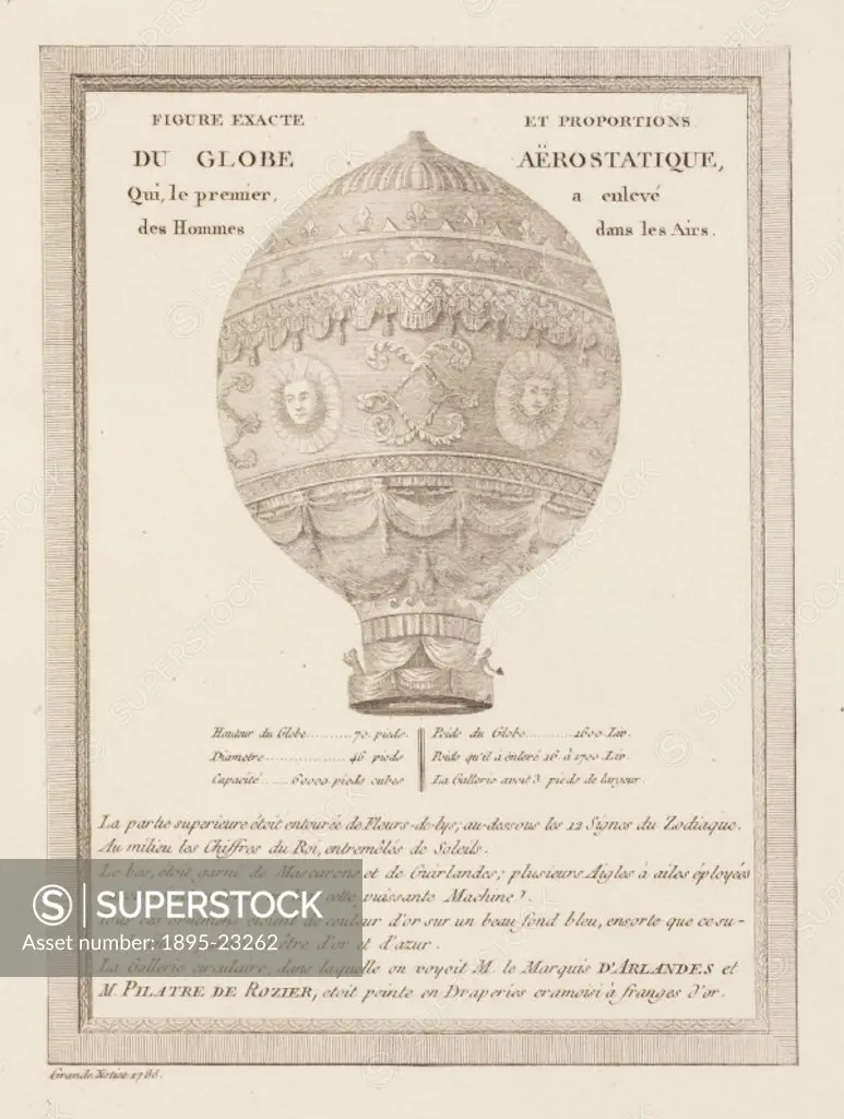 Original copper-plate engraving of the first Montgolfier balloon. French paper-makers Joseph Michel (1740-1810) and Jacques-Etienne (1745-1799) Montgo...