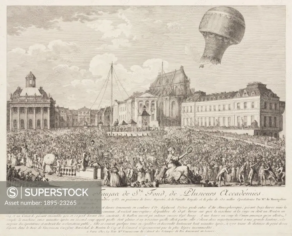 Monochrome print. Joseph Michel (1740-1810) and Jacques-Etienne (1745-1799) Montgolfier were the first to successfully exploit the idea of the hot-air...