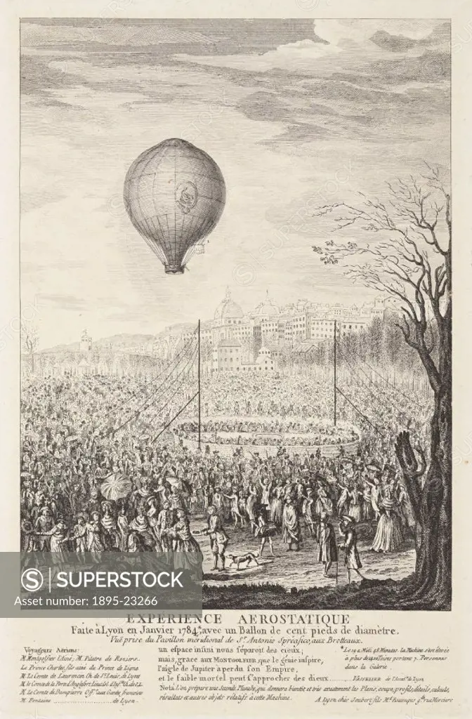 Line engraving showing the only recorded flight by Joseph Michel Montgolfier (1740-1810). After the first ascent in a hydrogen balloon by Charles (174...
