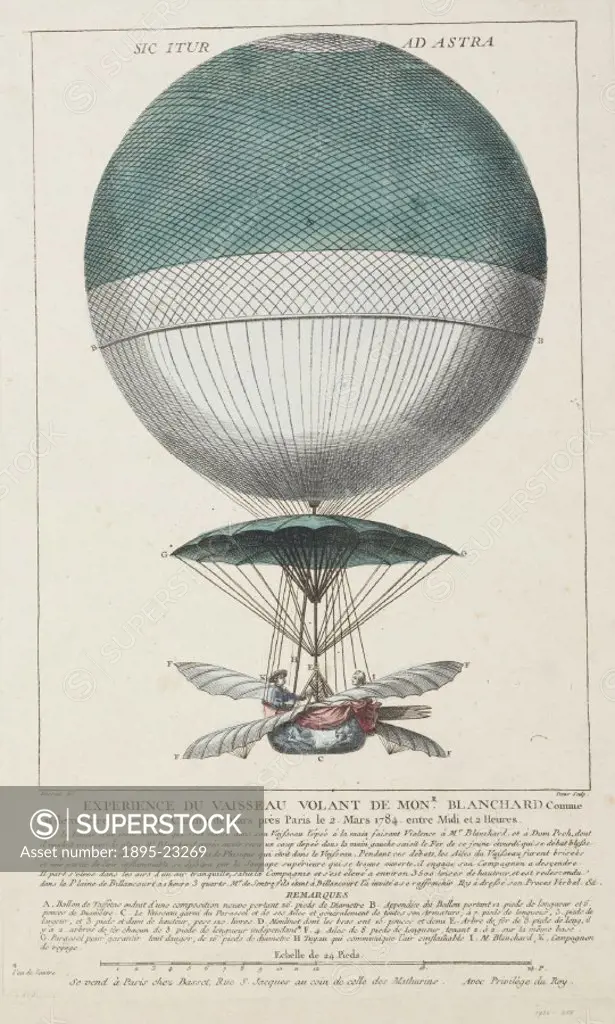 Engraving by Denis after a drawing by Desrais entitled ´Sic itur ad astra: Experience du Vaisseau Volant de M Blanchard´. French aeronaut Jean-Pierre ...