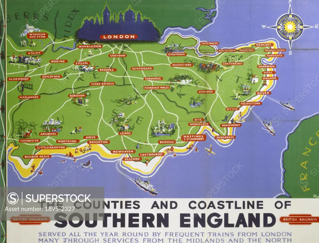 Poster produced for British Railways (BR) to promote rail travel to the South of England. The poster shows an artists impression of a map of the area...