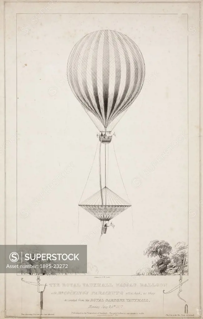 Monochrome print by E W Cocks showing the ascent of the Nassau balloon with Cockings parachute attached. Robert Cocking was a professional watercolou...