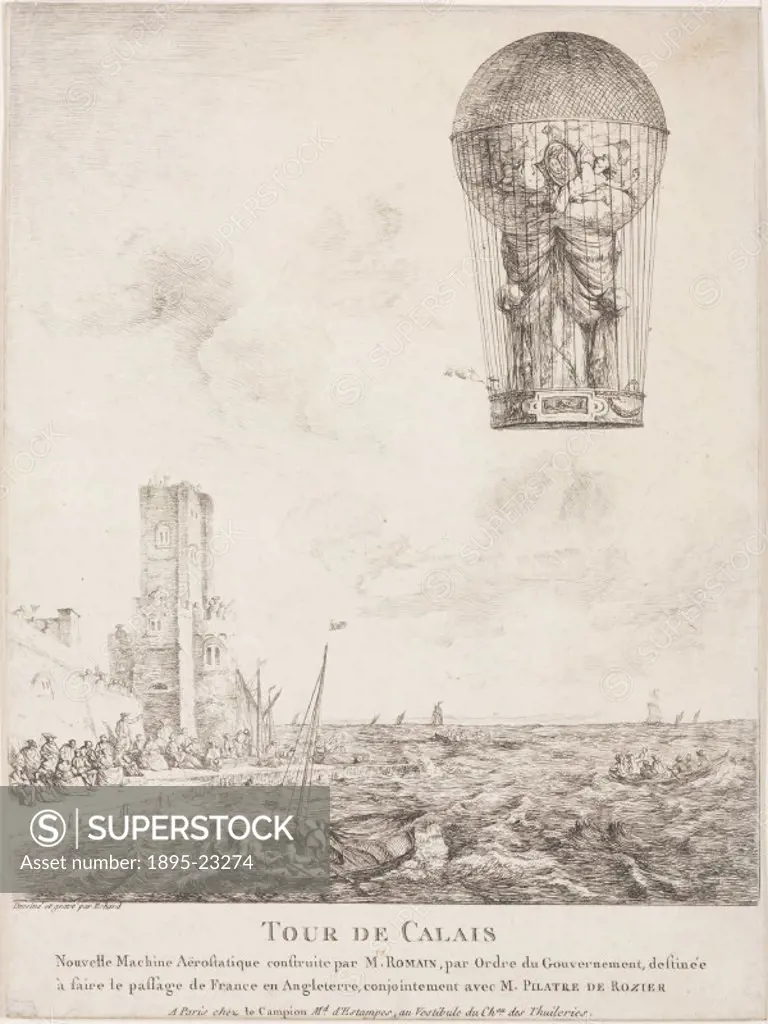 Engraving by Echard after his original drawing, showing the balloon used by De Rozier in his ill-fated attempt to cross the English Channel. French sc...