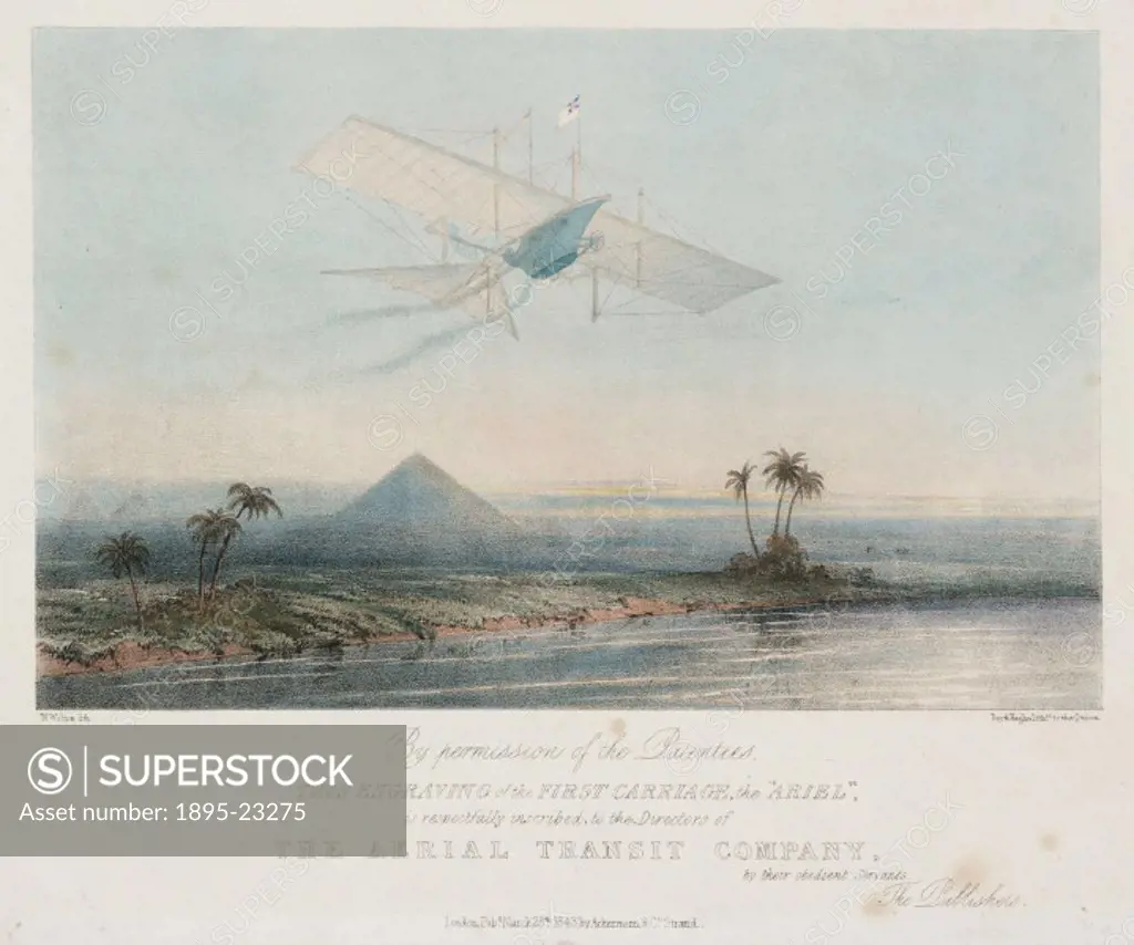 Lithograph by W Walton, showing Henson´s Aerial Steam Carriage in a fictitious flight over the Pyramids. William Henson (1812-1888) patented his desig...
