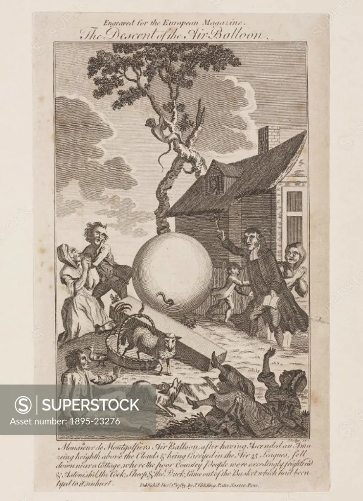 Engraving for the European Magazine’ showing a Montgolfier balloon landing in a field to the bewilderment of local people. Joseph Michel (1740-1810) ...