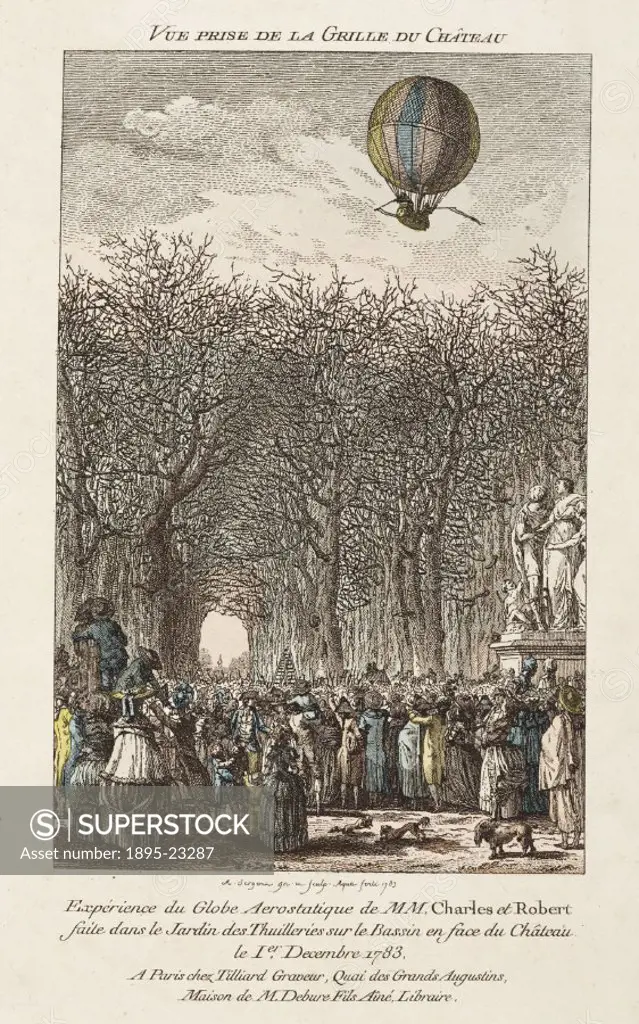 Colour engraving by Sergent after his original drawing, showing the Charles and Roberts balloon ascent on 1 December 1783. Designed by Jacques Charle...