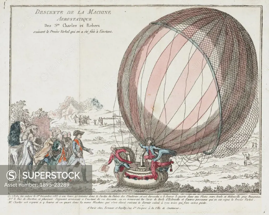 Colour engraving entitled Descente de la Machine Aerostatique’, showing Charles and Robert’s balloon landing at Nesle-la-Vallee in France greeted by ...