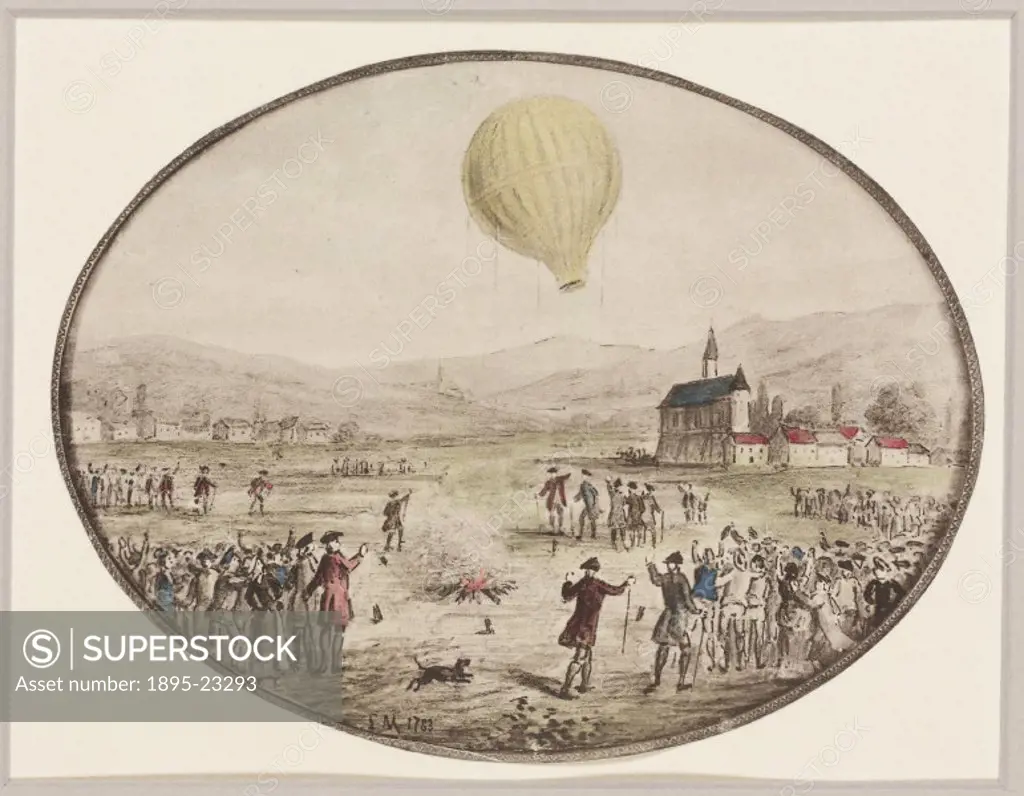 Watercolour painting showing the ascent of a Montgolfier hot-air balloon. French paper-makers Joseph Michel (1740-1810) and Jacques-Etienne (1745-1799...