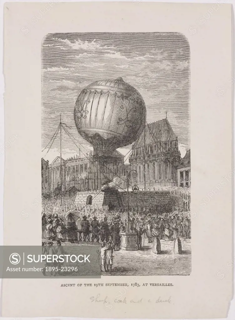Steel engraving. French paper-makers Joseph Michel (1740-1810) and Jacques-Etienne (1745-1799) Montgolfier were amongst the first to successfully expl...