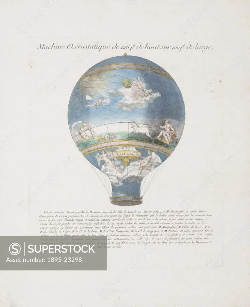 Coloured etching showing the only recorded flight by Joseph Montgolfier (1740-1810) at Les Brotteaux, near Lyon on 19 January 1784. After the first as...