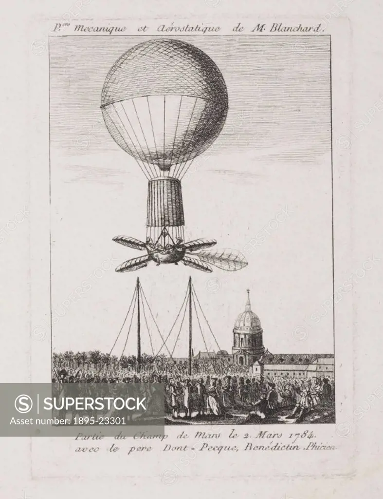 A drawing of Blanchards balloon as it was intended to ascend, with the aeronaut and Dom Page on board. French aeronaut Jean-Pierre Blanchard (1753-18...