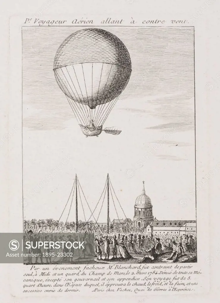 A drawing of Blanchards balloon as it actually ascended, with him alone on board. French aeronaut Jean-Pierre Blanchard (1753-1809) travelled from th...