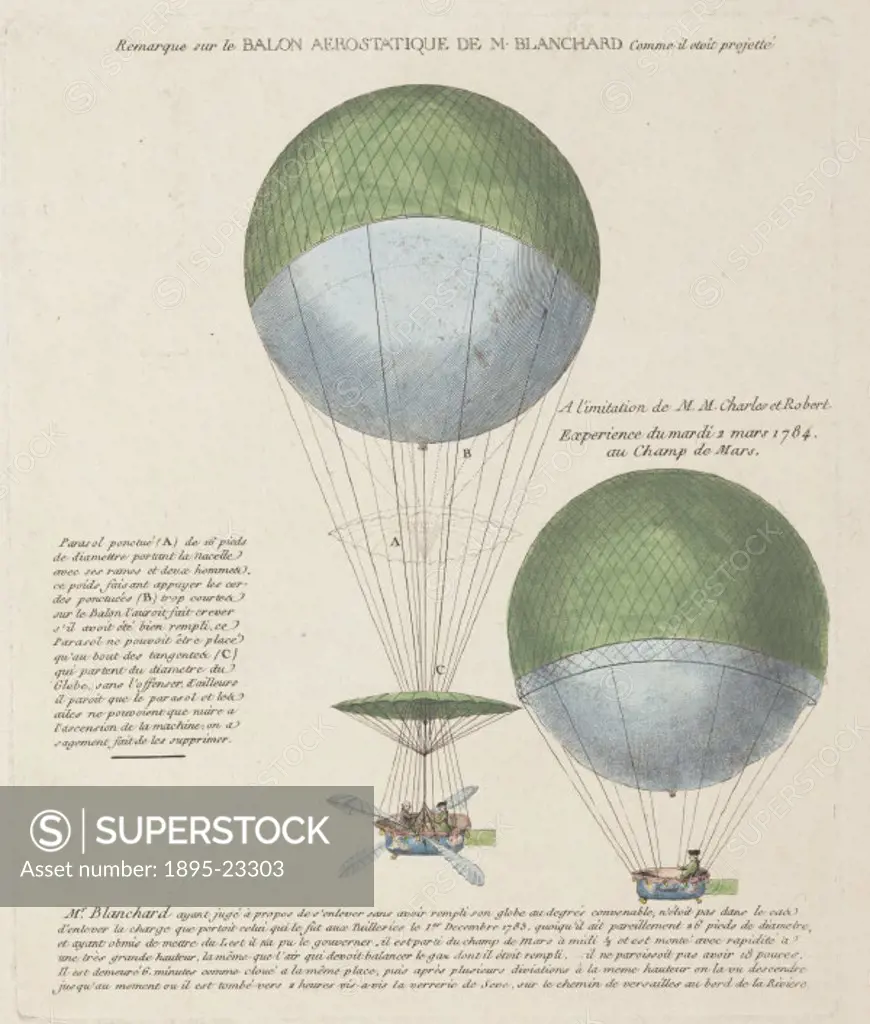 Colour print entitled Remarque sur le Balon Aerostatique de M Blanchard comme il etait projette’, showing the main design elements of Blanchard’s Va...