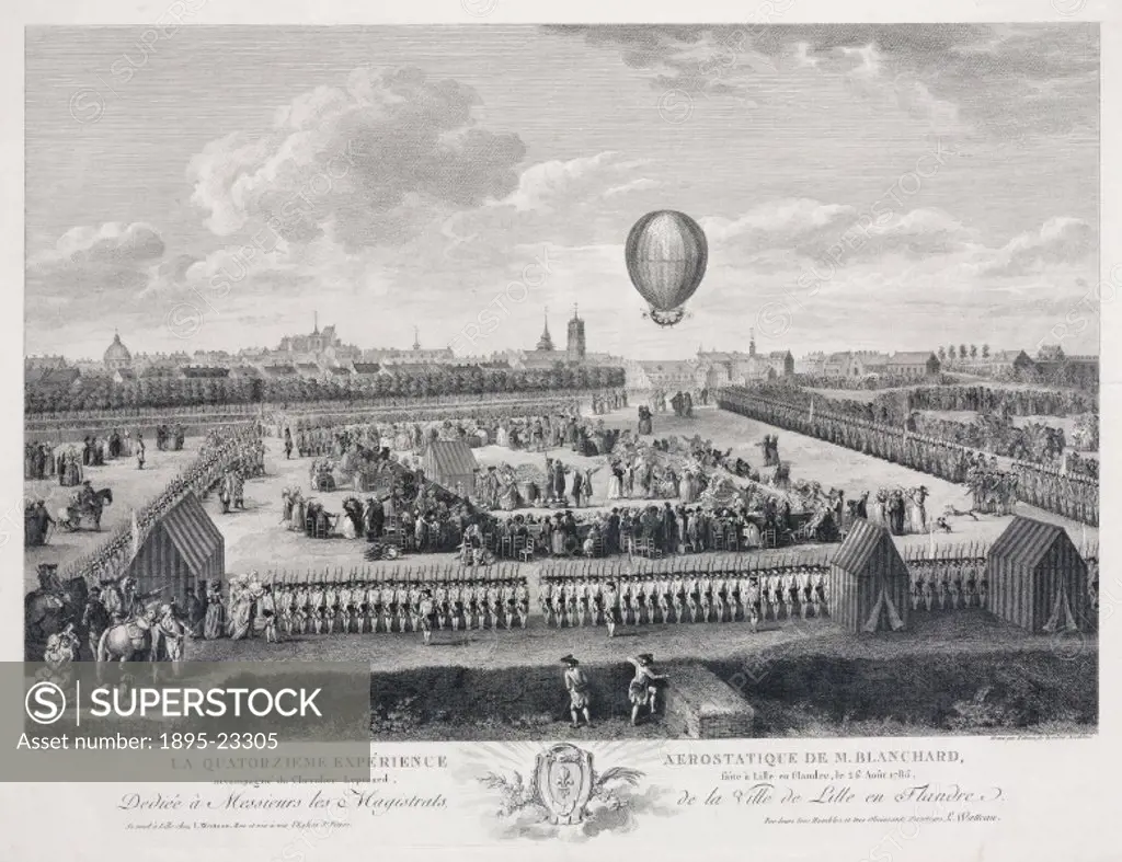 ´Engraving by Helman after a painting by Louis Joseph Watteau of Lille Academy. French aeronaut Jean-Pierre Blanchard (1753-1809) made this balloon as...