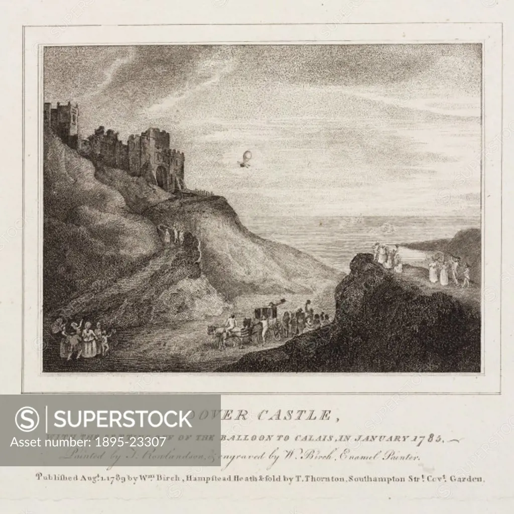 Engraving by William Birch after a painting by Thomas Rowlandson, showing Blanchards balloon flying out to sea near Dover Castle. French aeronaut, Je...