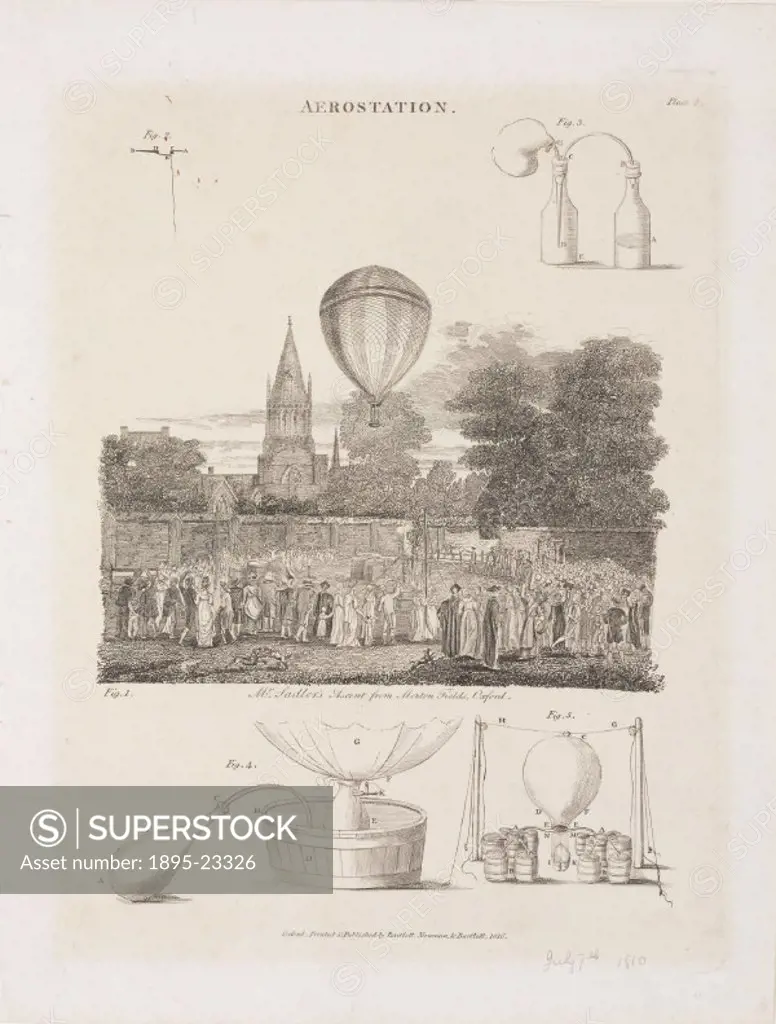 Print taken from the ballooning magazine Aerostation’, showing Sadler’s balloon being filled with gas and then ascending from Merton Fields in Oxford...