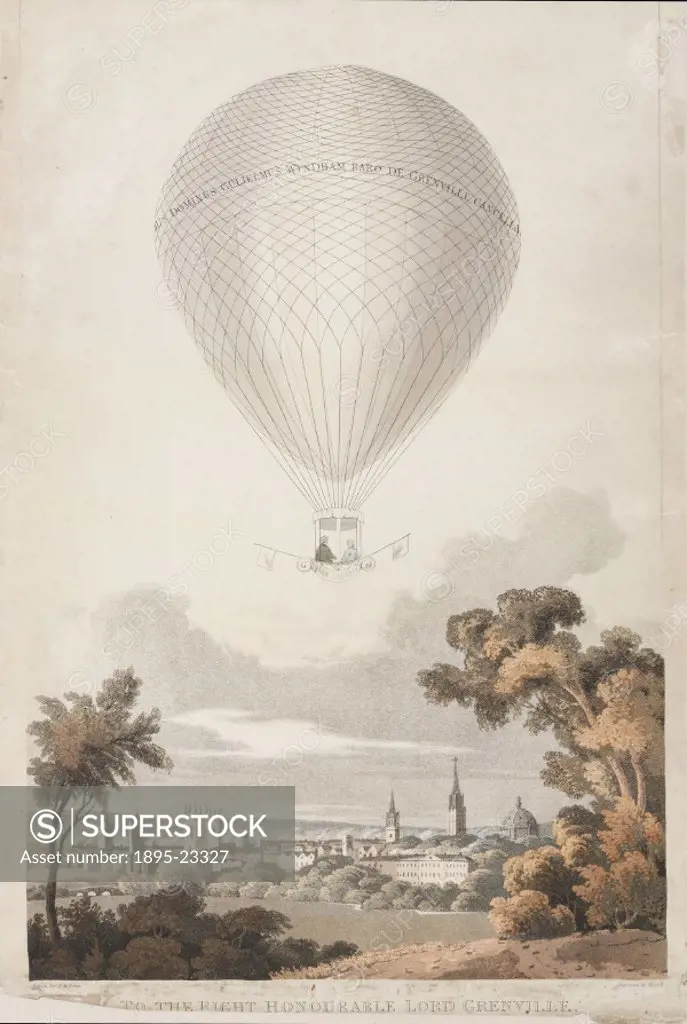 Colour engraving by Havell after a drawing by E M Jones showing Sadlers balloon ascent from Merton Fields in Oxford. James Sadler was an ingenious in...