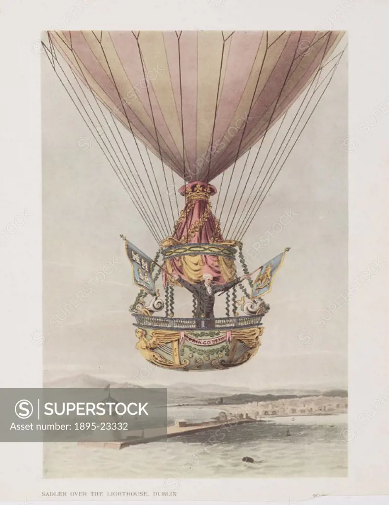 Coloured print. James Sadler was an ingenious inventor and became the first English aeronaut after his balloon ascent from Oxford on 4 October 1784. H...