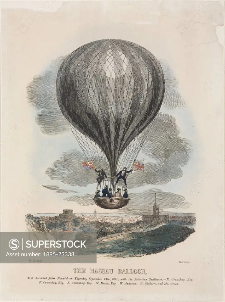 Coloured print by W E Earl of the Nassau’ balloon as it ascended from Norwich on 24 September 1840. Charles Green (1785-1870) was one of the greatest...