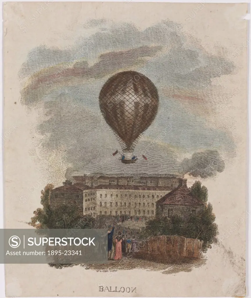 Coloured print showing Greens ‘Nassau balloon over London. Charles Green (1785-1870) was one of the greatest English aeronauts. He made his most fam...