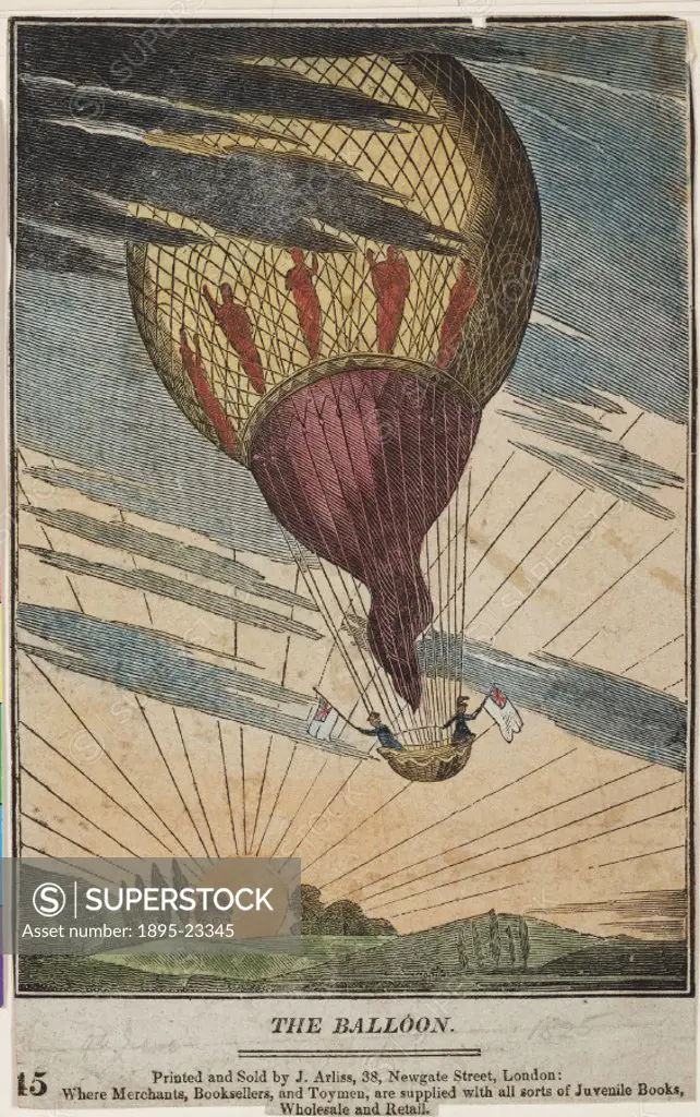 Coloured print of a hot air balloon carrying two aeronauts waving union flags. Printed and sold by J Arliss, 38 Newgate Street, London. Dimensions: 24...
