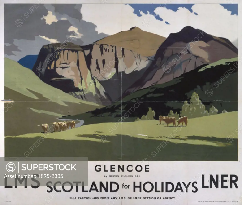 Poster produced for London, Midland & Scottish Railway (LMS) and London & North Eastern Railway (LNER) to promote rail travel to Glencoe in the Scotti...