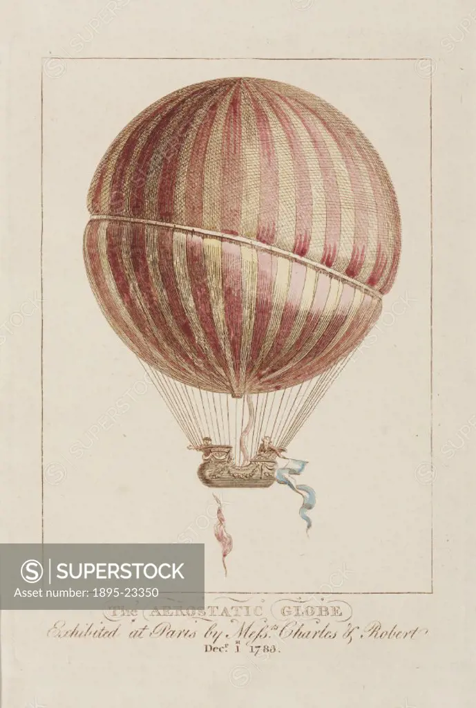 Coloured etching of Charles and Roberts aerostatic globe. Designed by Jacques Charles (1746-1823), a French professor of physics, and constructed by ...