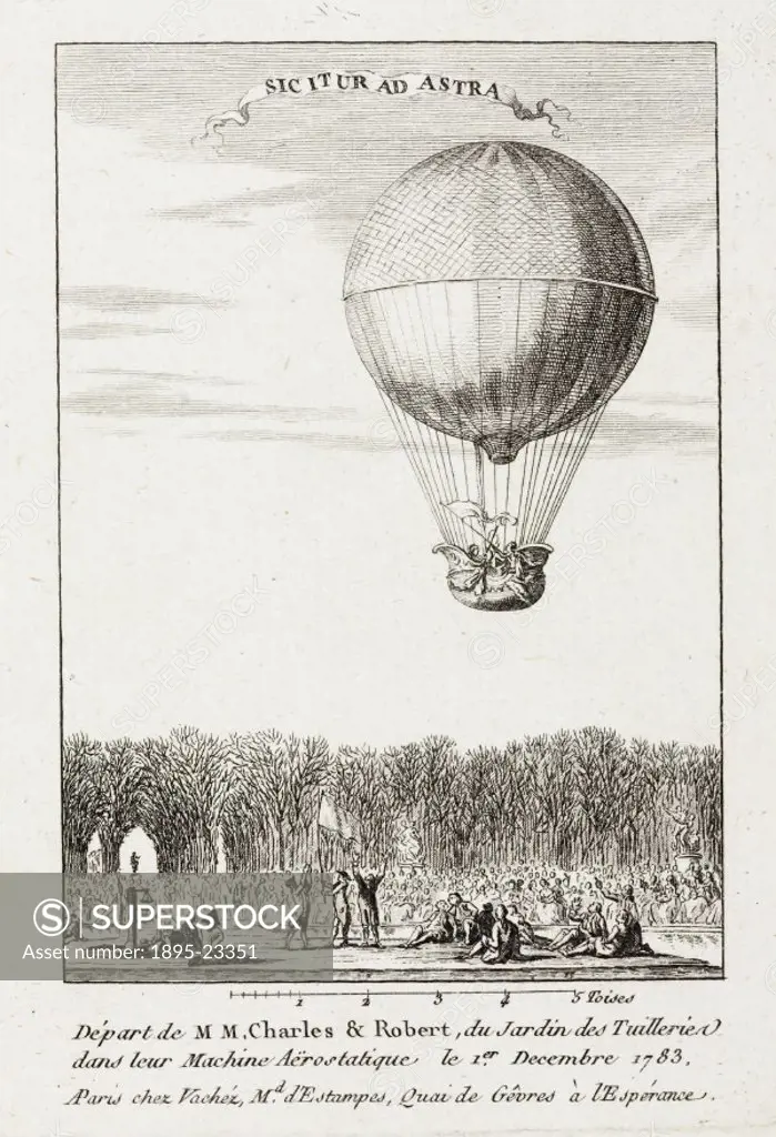Etching entitled Sic itur ad astra’, showing Charles and Robert’s balloon ascent outside the Palace of the Tuilleries in Paris on 1 December 1783. De...