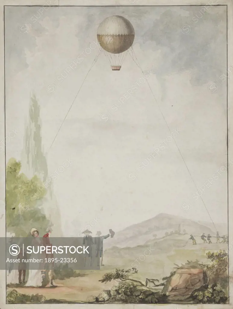Watercolour painting by Nicolas Jacques Conte depicting an aerostatic reconnaissance outside Mainz in Germany, before it was besieged by the French ar...