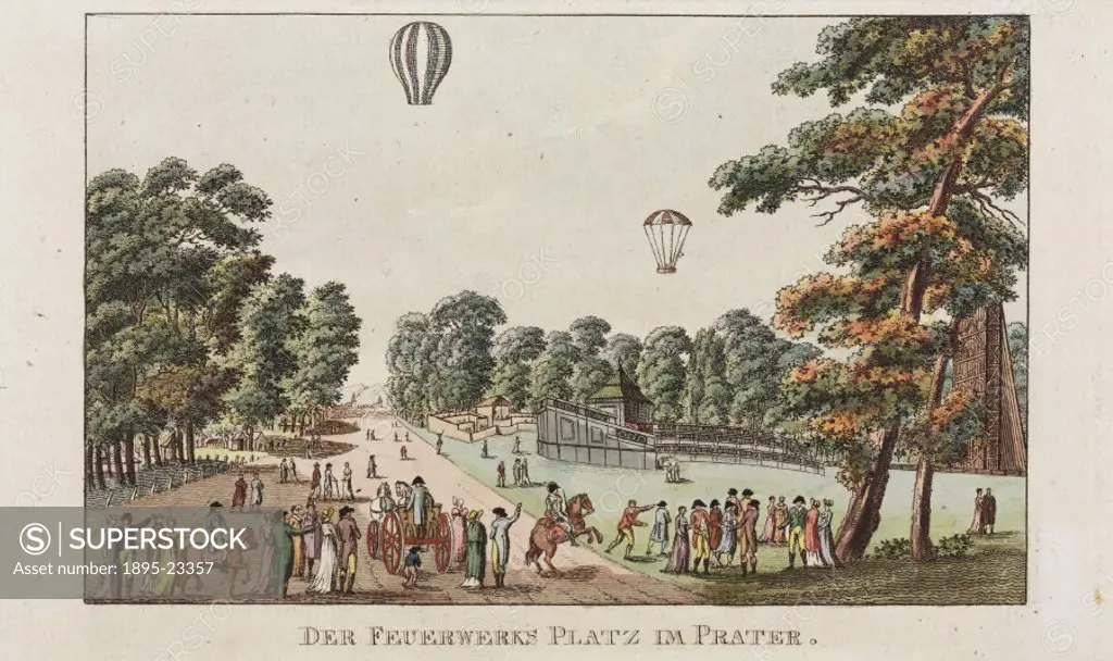 Coloured print showing a balloon and a very early parachute jump at Prater, a large park situated in the heart of Vienna in Austria. French aeronaut A...