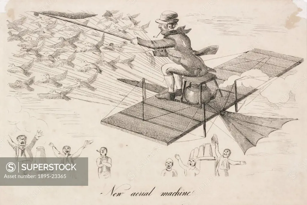 Engraving showing a man seated on a flying machine towed by a flock of birds. Steam issues from a kettle positioned beneath the pilots seat, while ch...
