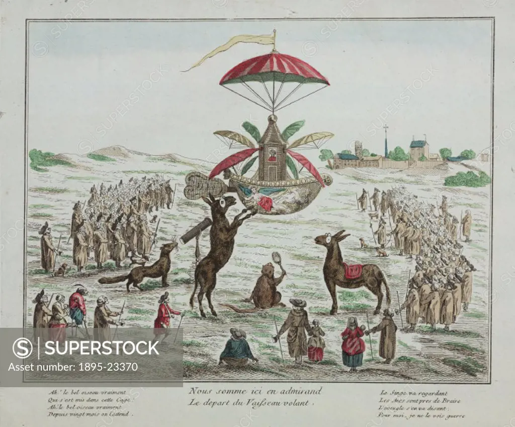 Coloured caricature print showing Blanchard in his balloon. French aeronaut Jean-Pierre Blanchard (1753-1809) travelled from the Champ de Mars in Pari...