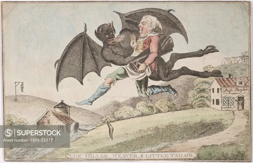 Coloured print showing a man being carried off by a flying demonic creature. In a macabre scene, a man appears to be drowning in a river downstream fr...