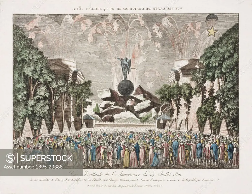 Coloured print by J Chereau showing the festivities, including fireworks and a balloon ascent at the Champs Elysees in Paris, France on 14 July 1801. ...