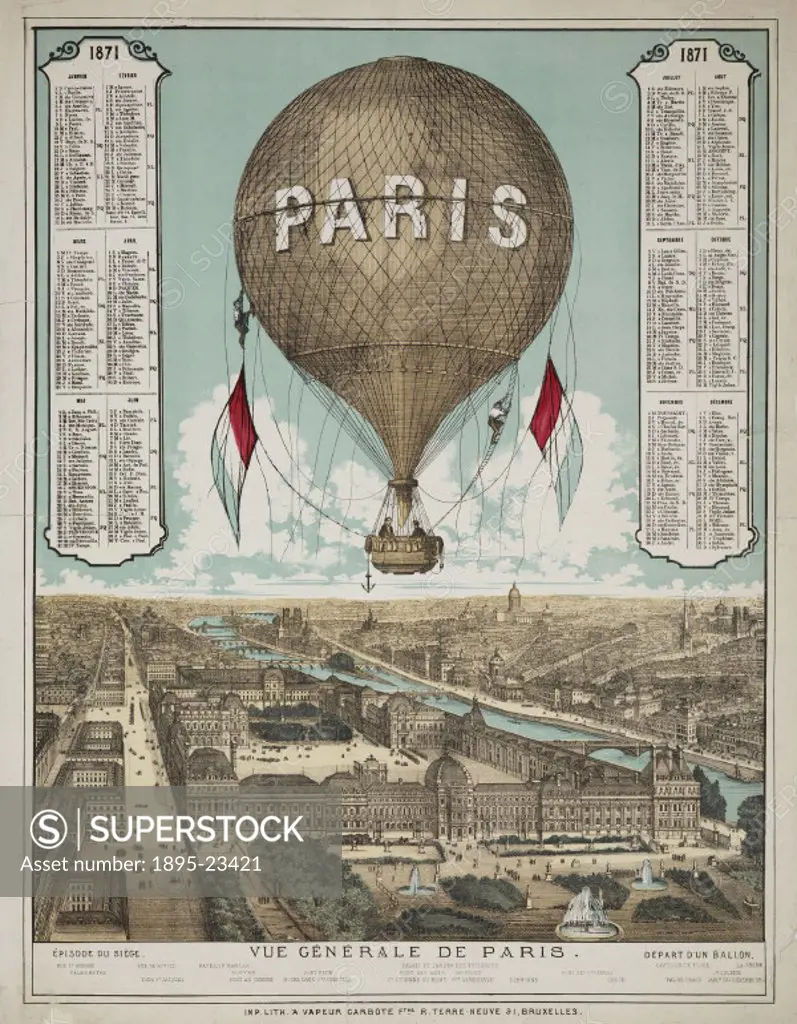 Colour engraving by the Carbote Freres of Brussels. Taken from a topographical almanac, this image shows the air balloon ´Paris´ carrying Leon Gambett...
