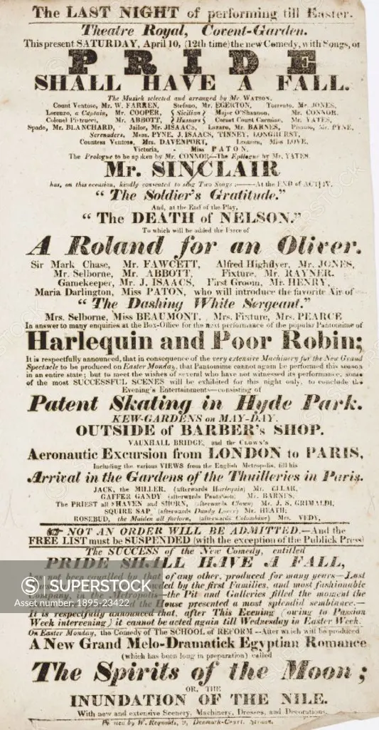 Printed handbill (dated 10 April) advertising the programme at the Theatre Royal in Covent Garden, London, which includes The Clown’s Aeronautic Excu...
