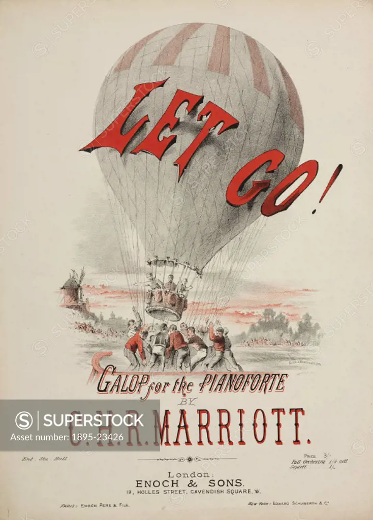 Lithograph by Home & MacDonald. This cover for sheet music, entitled Let Go!: Galop for the Pianoforte’, by C H R Marriott, features an image of a ba...