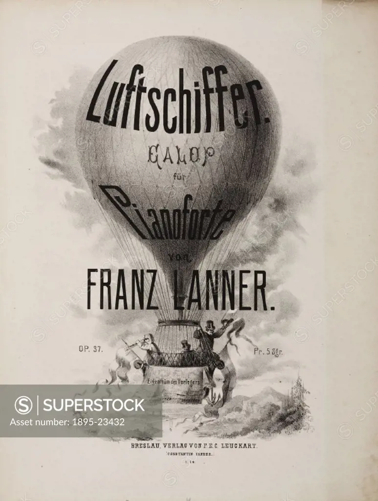 Lithograph for a the cover of sheet music entitled Luftschiffer. Galop fur Pianoforte’ by Franz Lanner. The image features a balloon and gondola with...