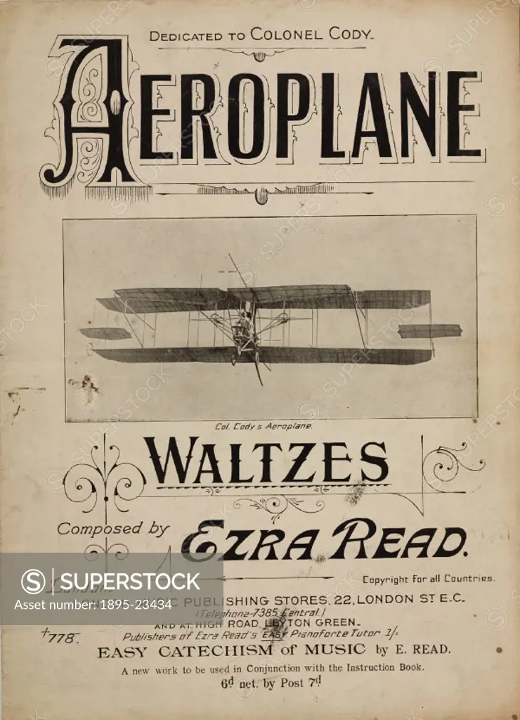 Sheet music cover of a set of waltzes composed by Ezra Read dedicated to the pioneering aviator Colonel Samuel Franklin Cody (1862-1913), with an illu...