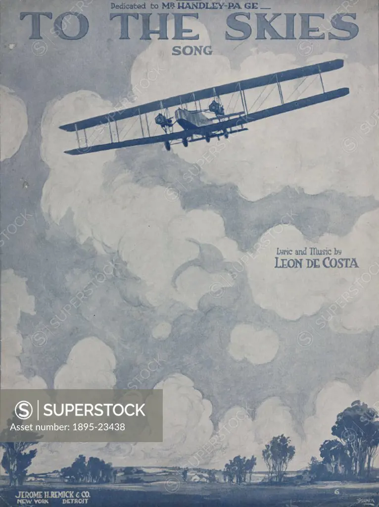 Sheet music cover, illustrated by Starmer, showing a Handley-Page bomber in flight. The song is dedicated to the aircraft manufacturer Frederick Handl...