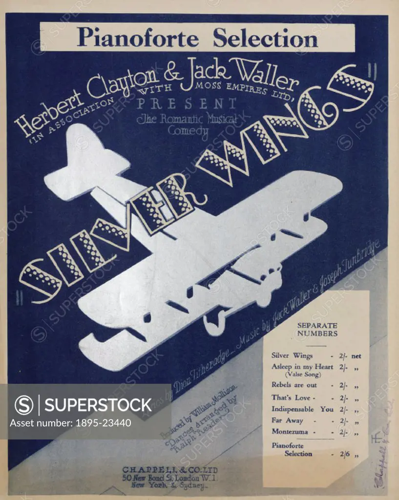 Sheet music cover featuring an illustration of a biplane. The music is selection of hit tunes from Silver Wings’ a romantic musical comedy composed b...