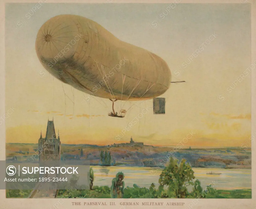Coloured print. Major August von Parseval (1861-1942) began studying airship design while working for the German military in 1900. On 21 May 1906 he f...