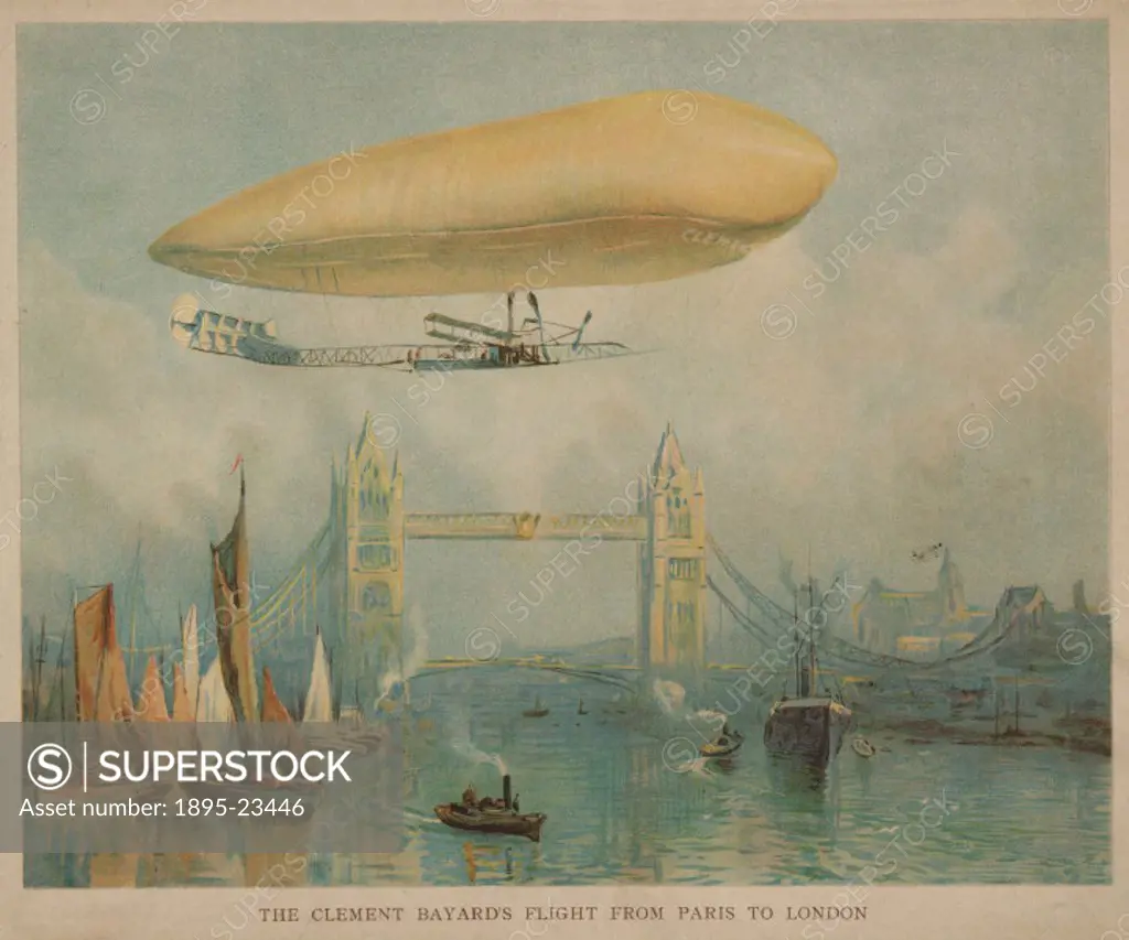 Coloured print of the Clement-Bayard over London on its maiden flight. After making his fortune as a manufacturer of bicycles, motor cars and engines,...