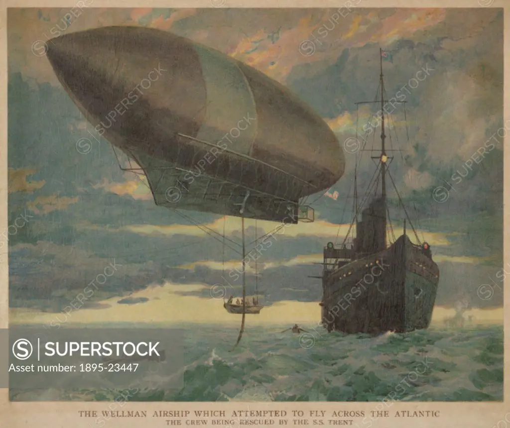 Colour print showing the crew of the America’ airship, which made an abortive attempt to fly the Atlantic in 1911. On 15 October 1911, Wellman’s airs...