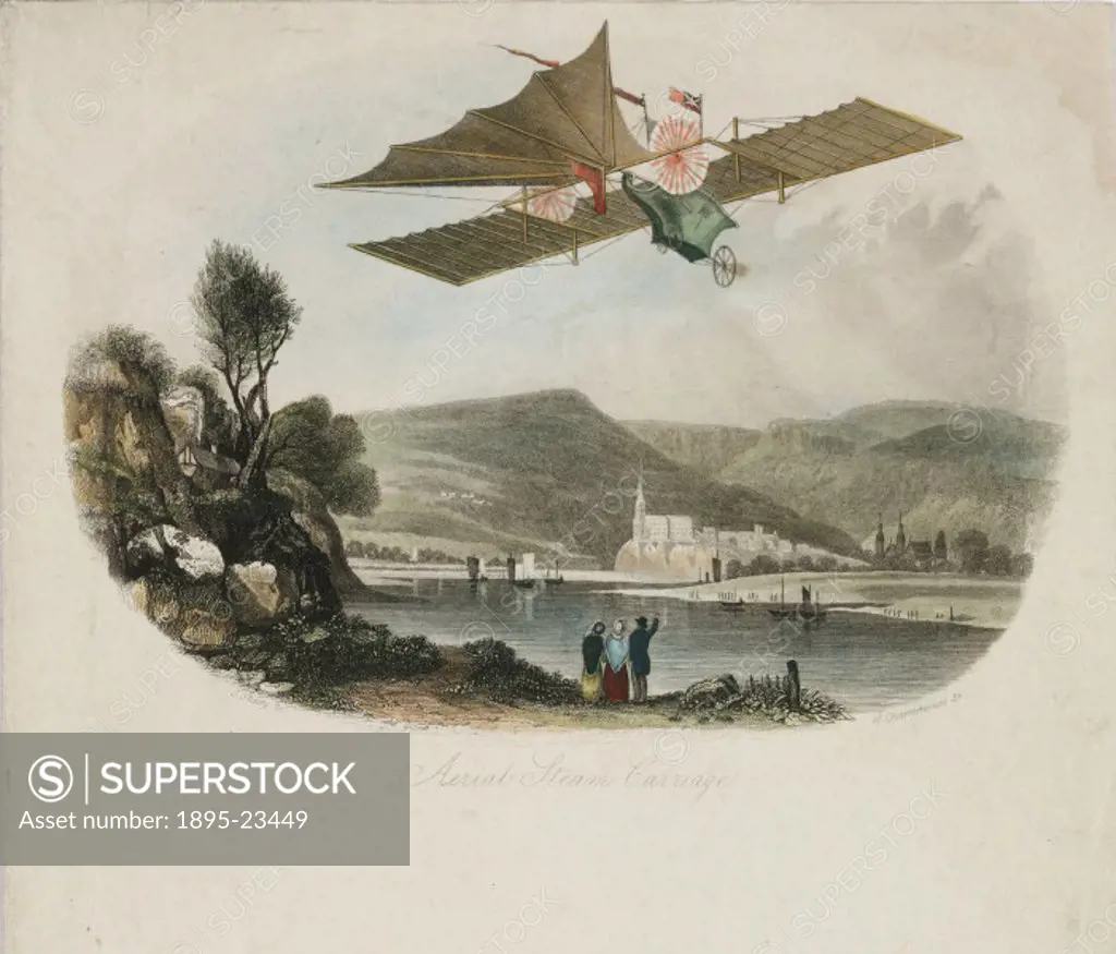 Coloured lithograph showing a flying machine in flight over a lake. William Henson (1812-1888) patented his design for an Aerial Steam Carriage, which...