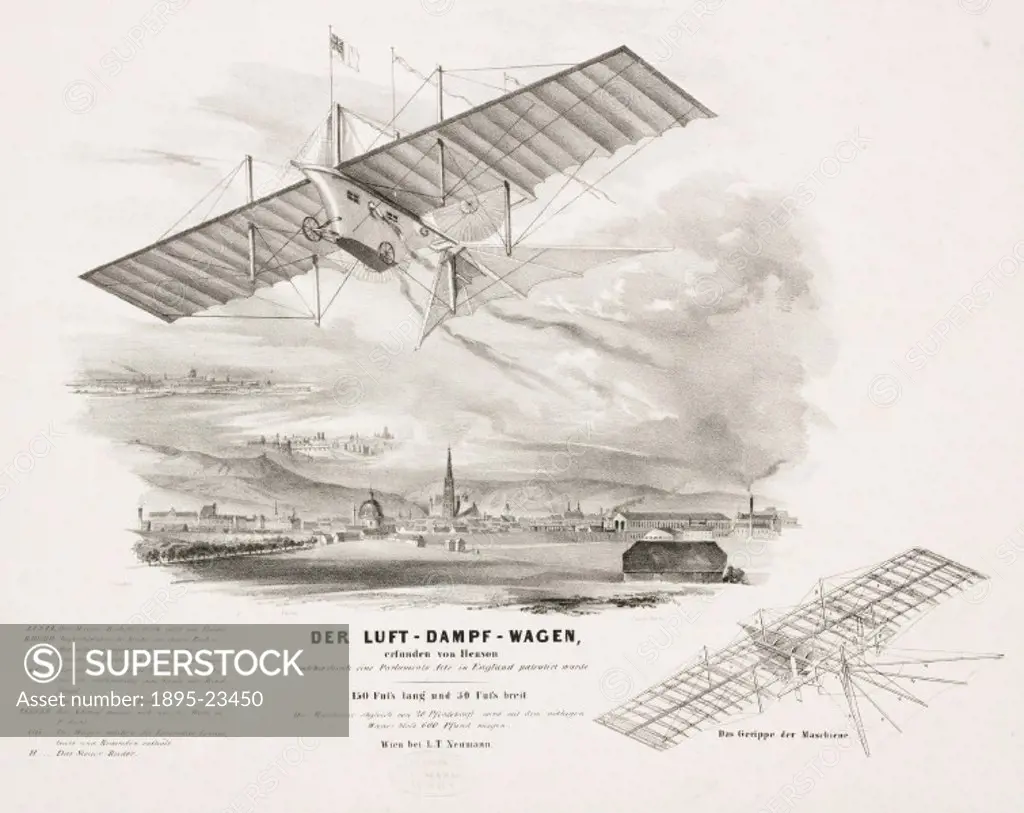 Print, titled Der Luft-Dampf-Wagen’ showing the flying machine designed by William Henson (1812-1888) in flight, together with a schematic diagram of...