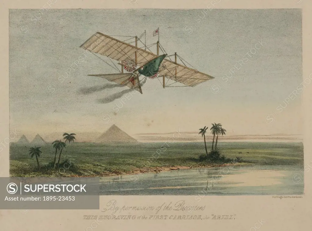 Coloured lithograph by W L Walton and published by Ackermann & Company showing Henson´s Aerial Steam Carriage in a fictitious flight over the Nile and...