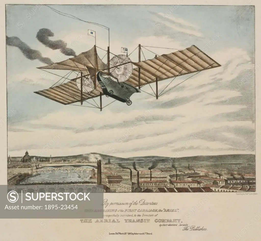 Coloured lithograph by W L Walton, dedicated to the directors of the Aerial Transport Company, showing the Ariel’ in flight above an industrial city....