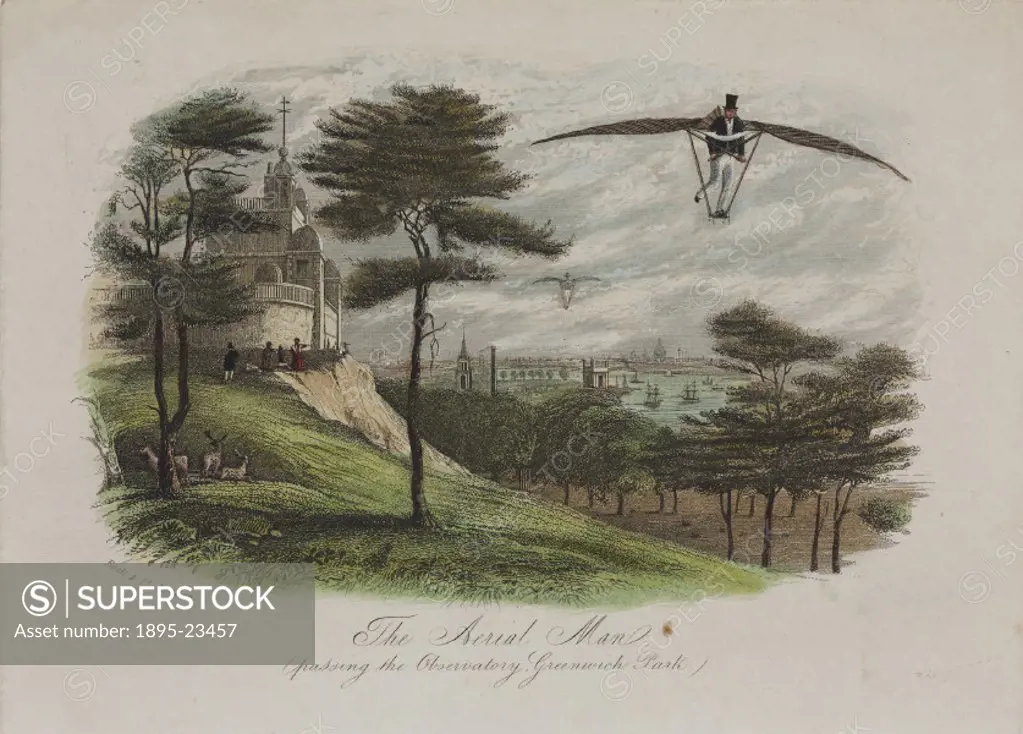 Coloured lithograph showing a winged flying machine, designed by Joseph Degan in 1808, in a fictitious flight past the Royal Observatory, Greenwich, p...